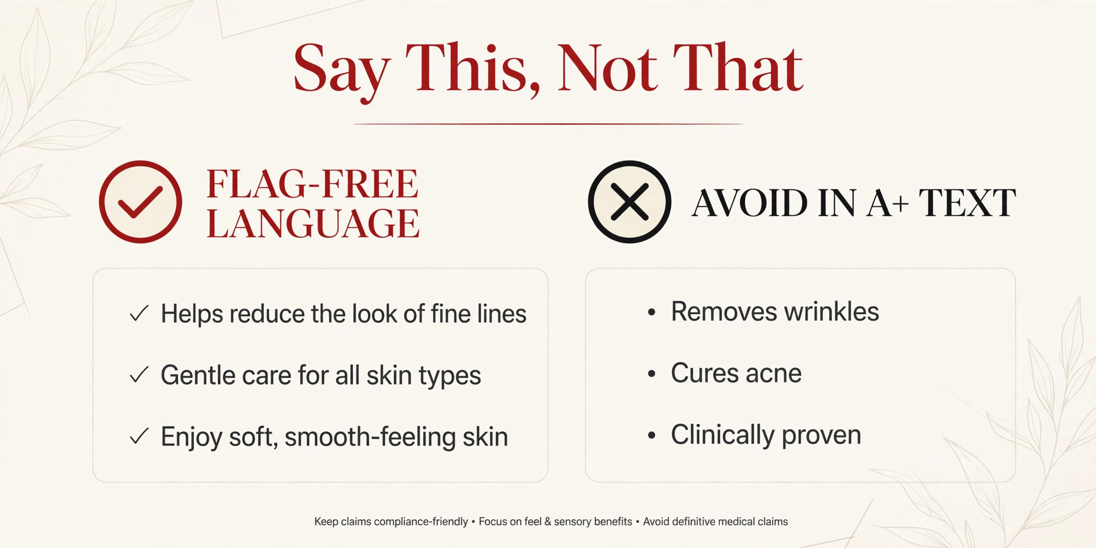 Comparison graphic showing claim-safe beauty language versus flagged phrases