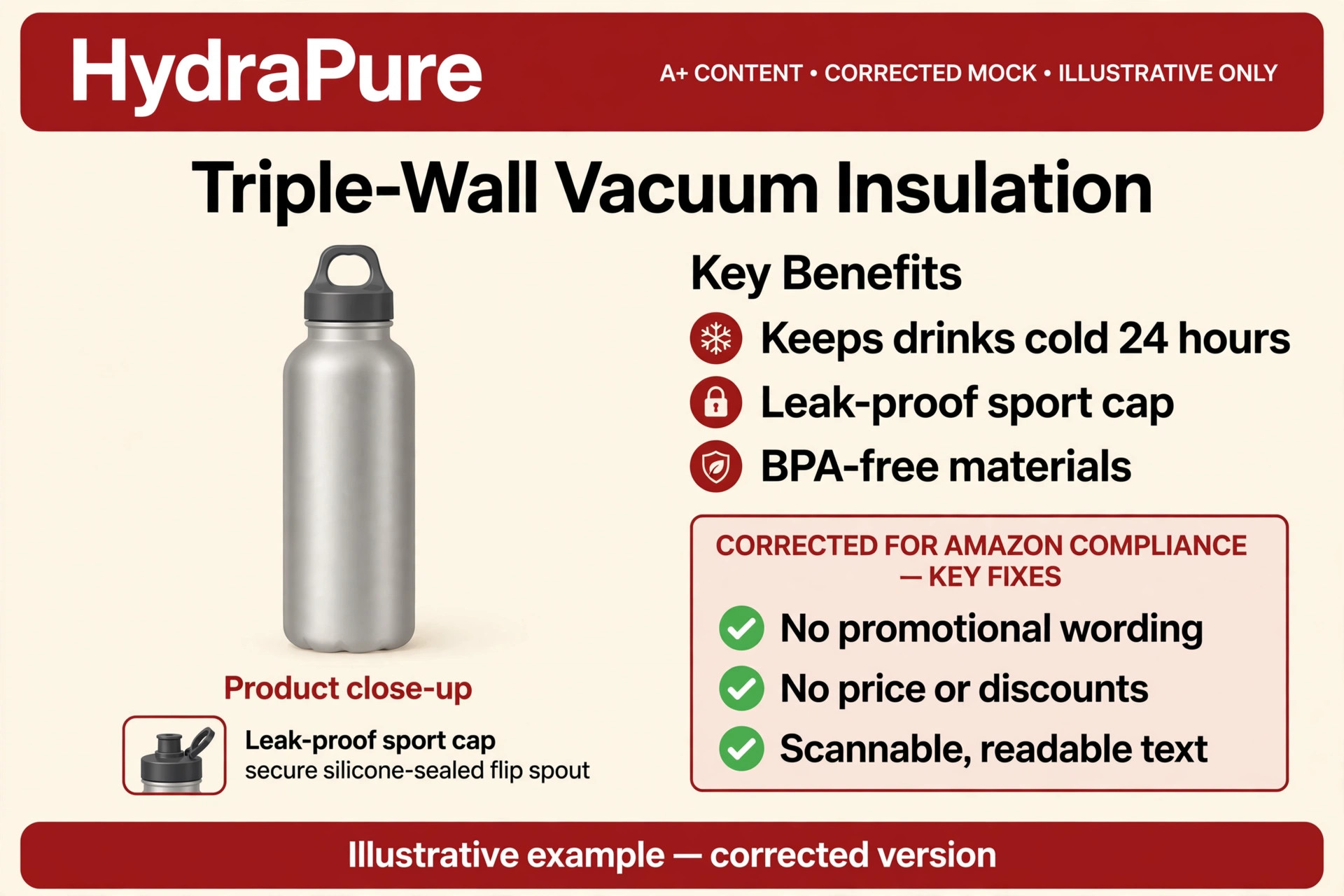Corrected version of the illustrative mock A+ module, with mistakes fixed for Amazon compliance.