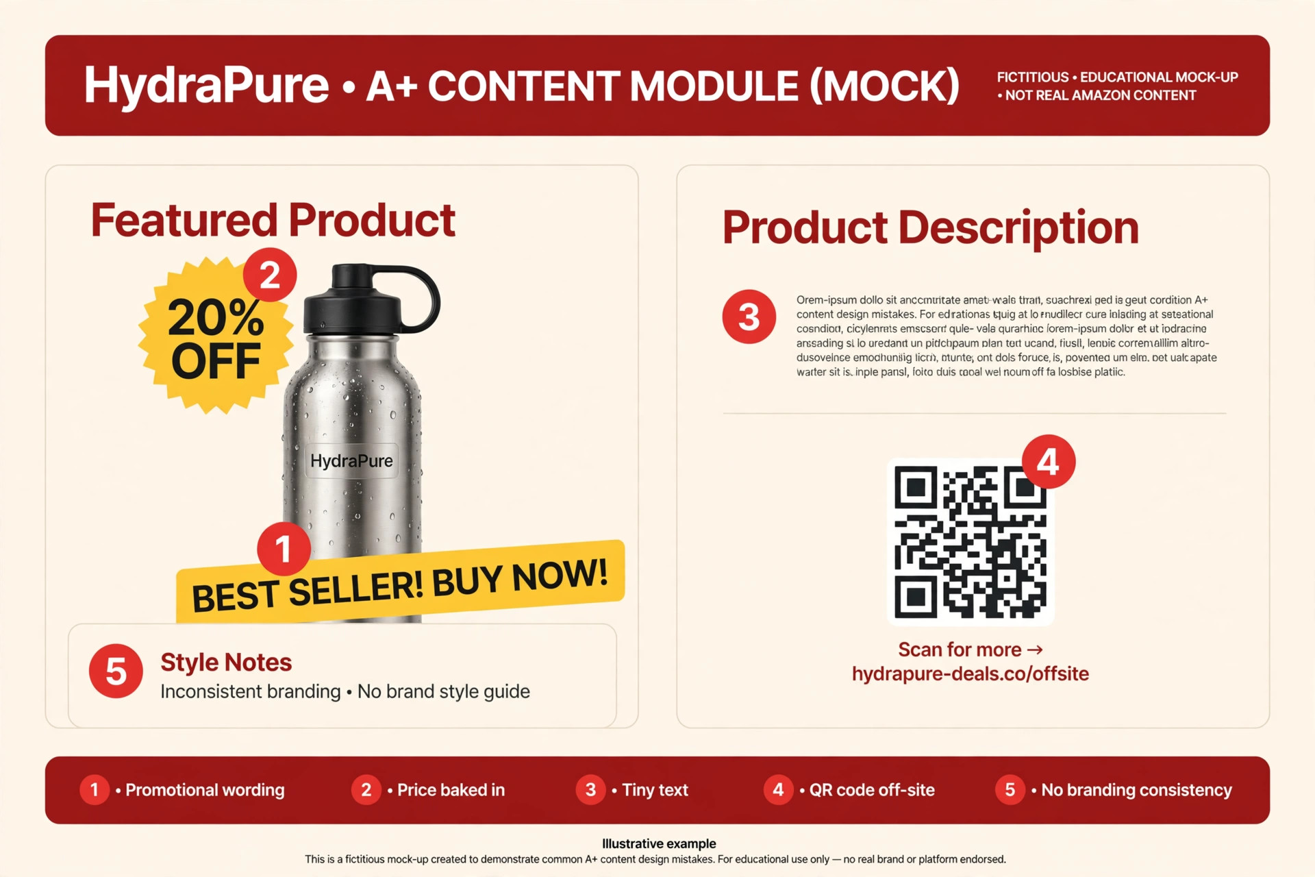 Annotated illustrative mock-up of an A+ module for a fictional water bottle brand, with five common mistakes marked and labeled.