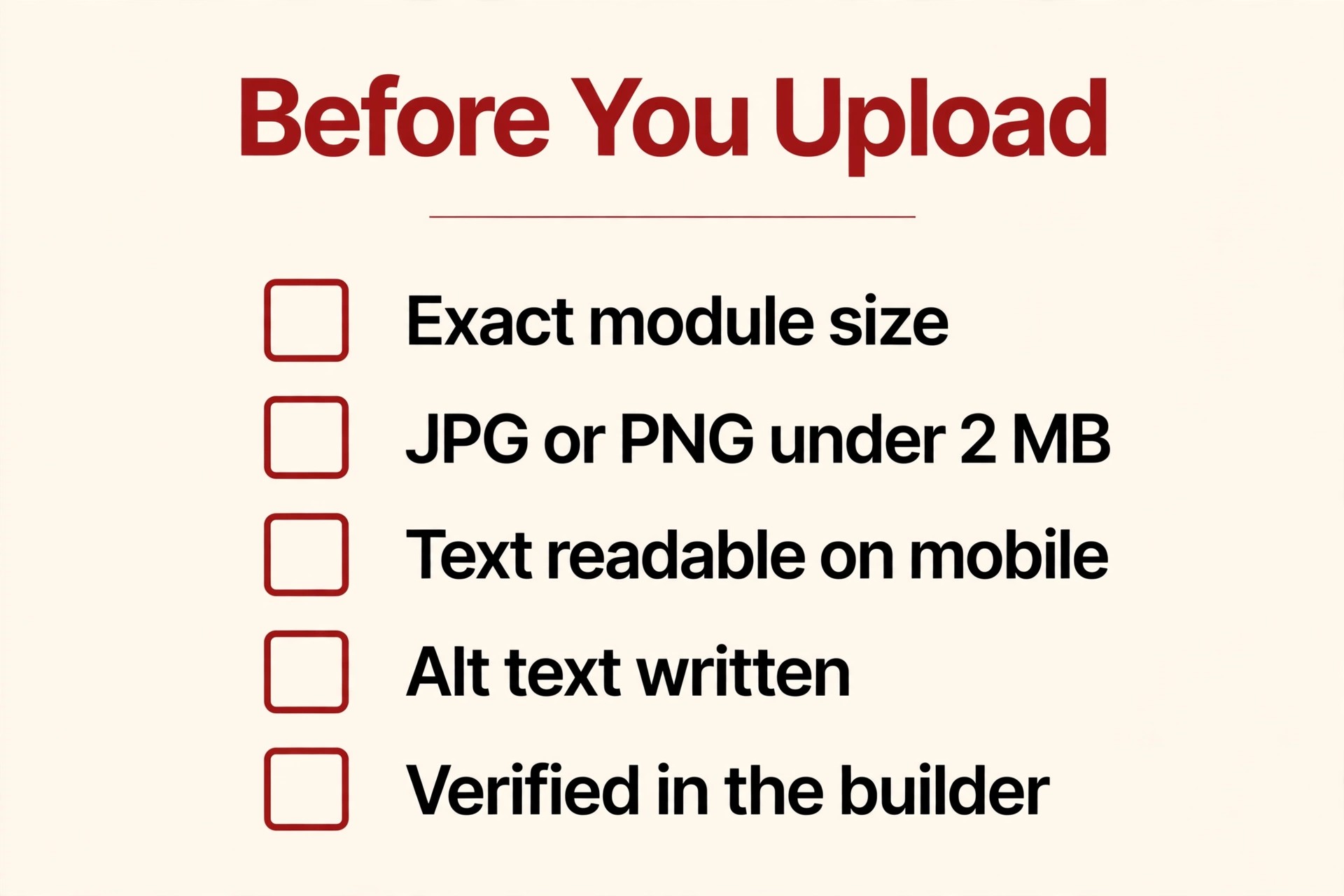 Before You Upload A+ Content checklist: exact module size, JPG or PNG under 2 MB, mobile-readable text, alt text, verified in the builder