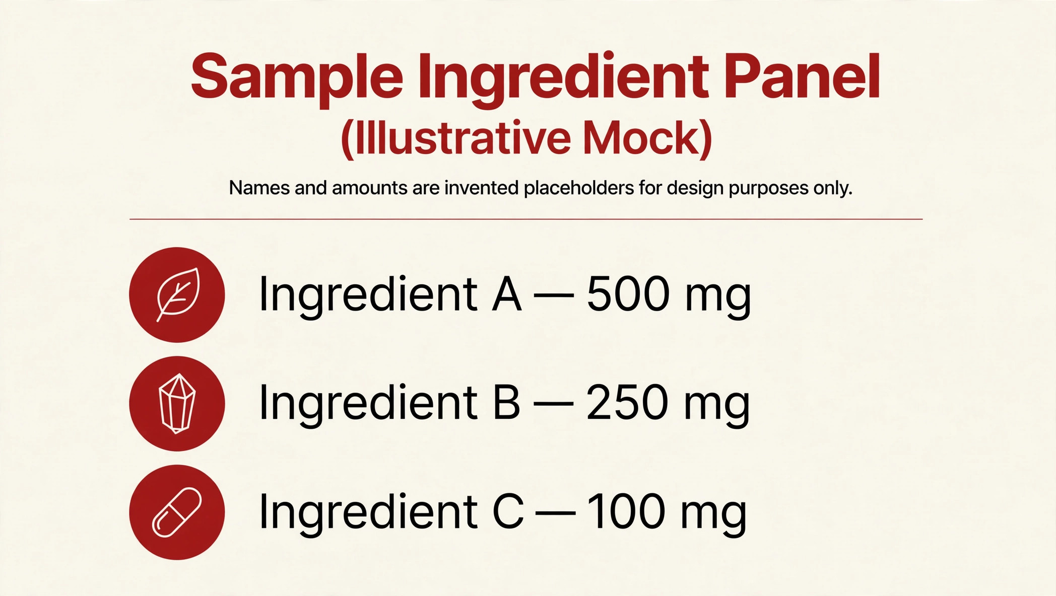 Illustrative mock of a supplement ingredient panel design, invented placeholder ingredients