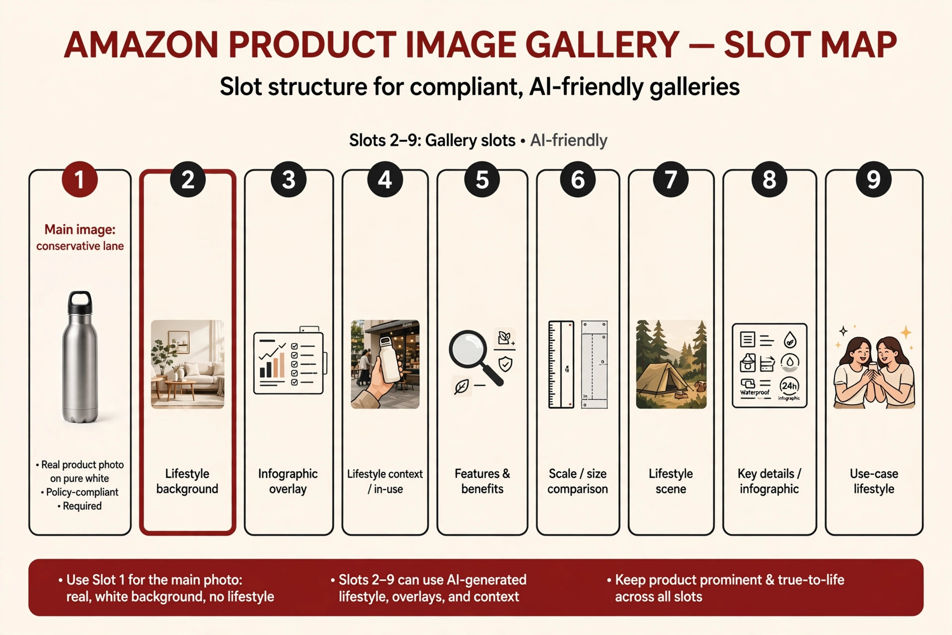 Illustrated diagram of Amazon image slots showing slot 1 as real photo and slots 2-9 as AI-friendly