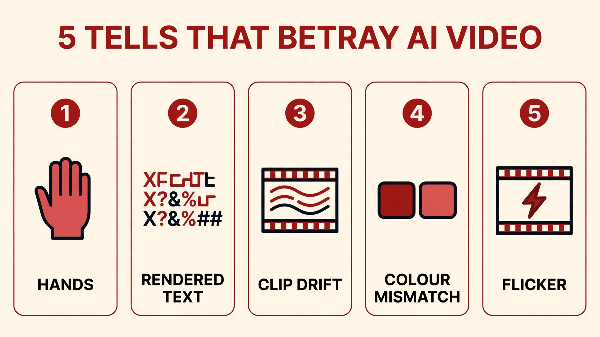 Illustrative graphic showing five common AI video artifacts: hands, text, clip drift, colour mismatch and glitches