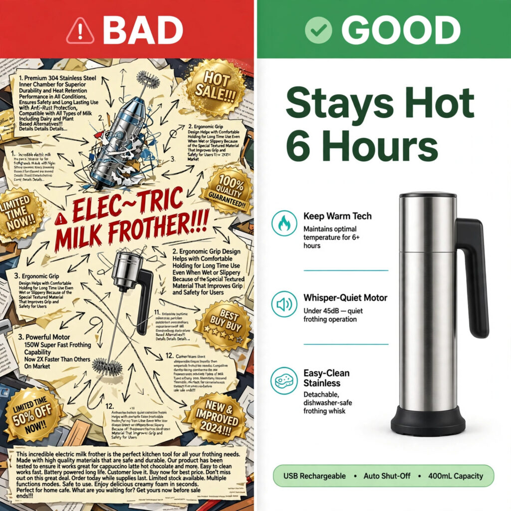 Side-by-side comparison of a cluttered versus a clean Amazon product infographic design, showing headline hierarchy and mobile-readable layout