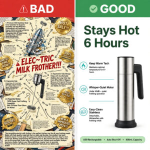 Side-by-side comparison of a cluttered versus a clean Amazon product infographic design, showing headline hierarchy and mobile-readable layout