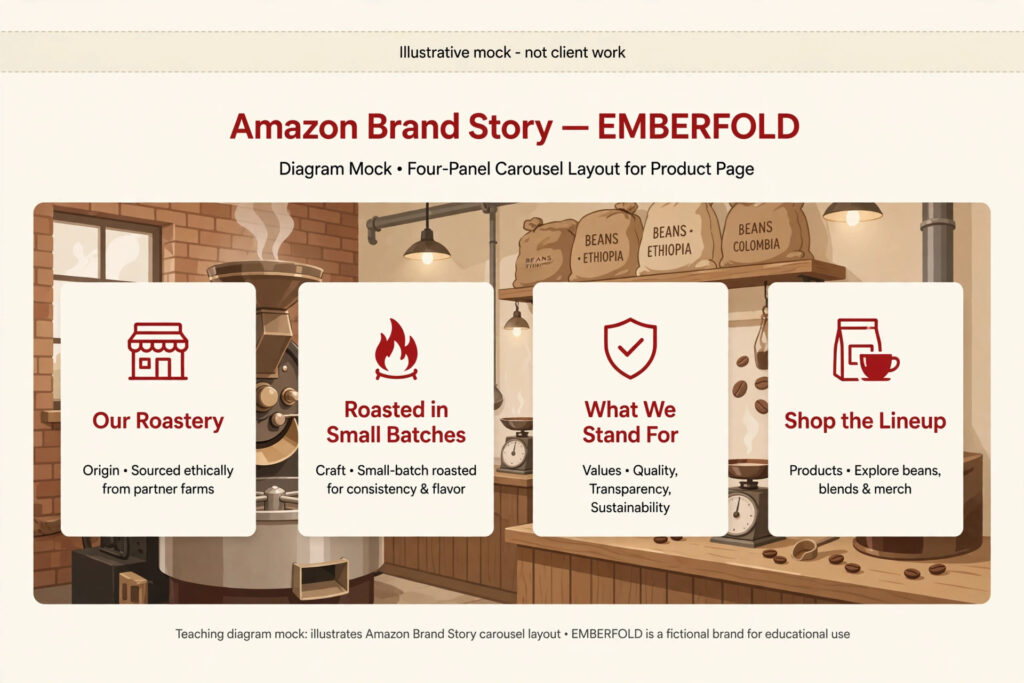Illustrative mock of an Amazon Brand Story carousel showing four cards: origin, craft, values, and product lineup for a fictional coffee brand
