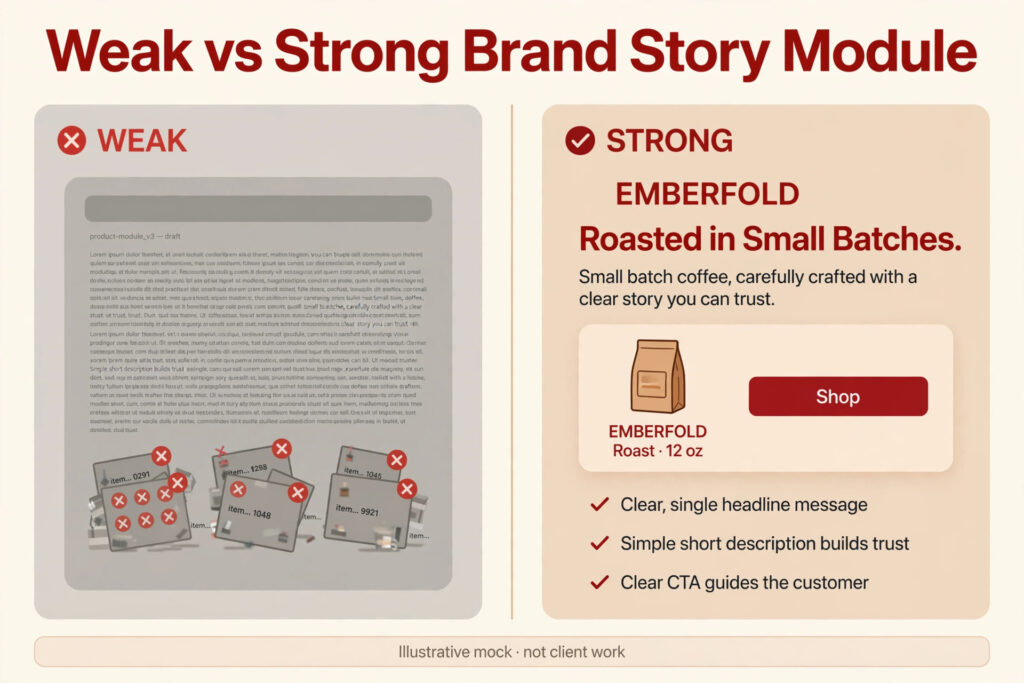 Comparison of a weak and a strong Amazon Brand Story module mock