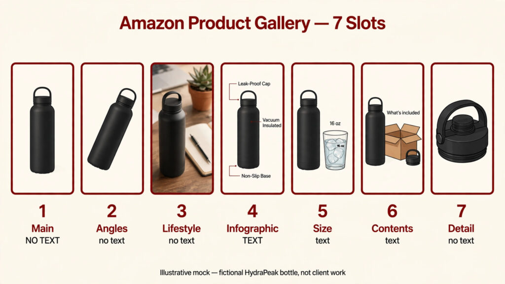 Illustrative mock gallery strip showing which Amazon gallery slots should carry text and which should not