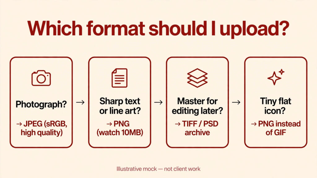 Illustrative flowchart for choosing between JPEG, PNG, TIFF, and GIF for Amazon listing images
