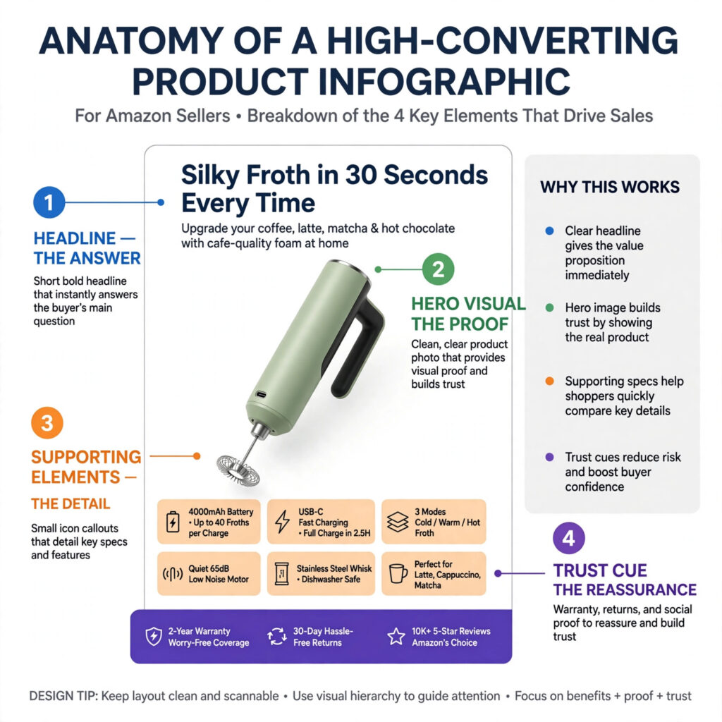 Anatomy diagram of a high-converting Amazon product infographic showing headline, hero visual, supporting elements and trust cue layers. Illustrative example, not client work.