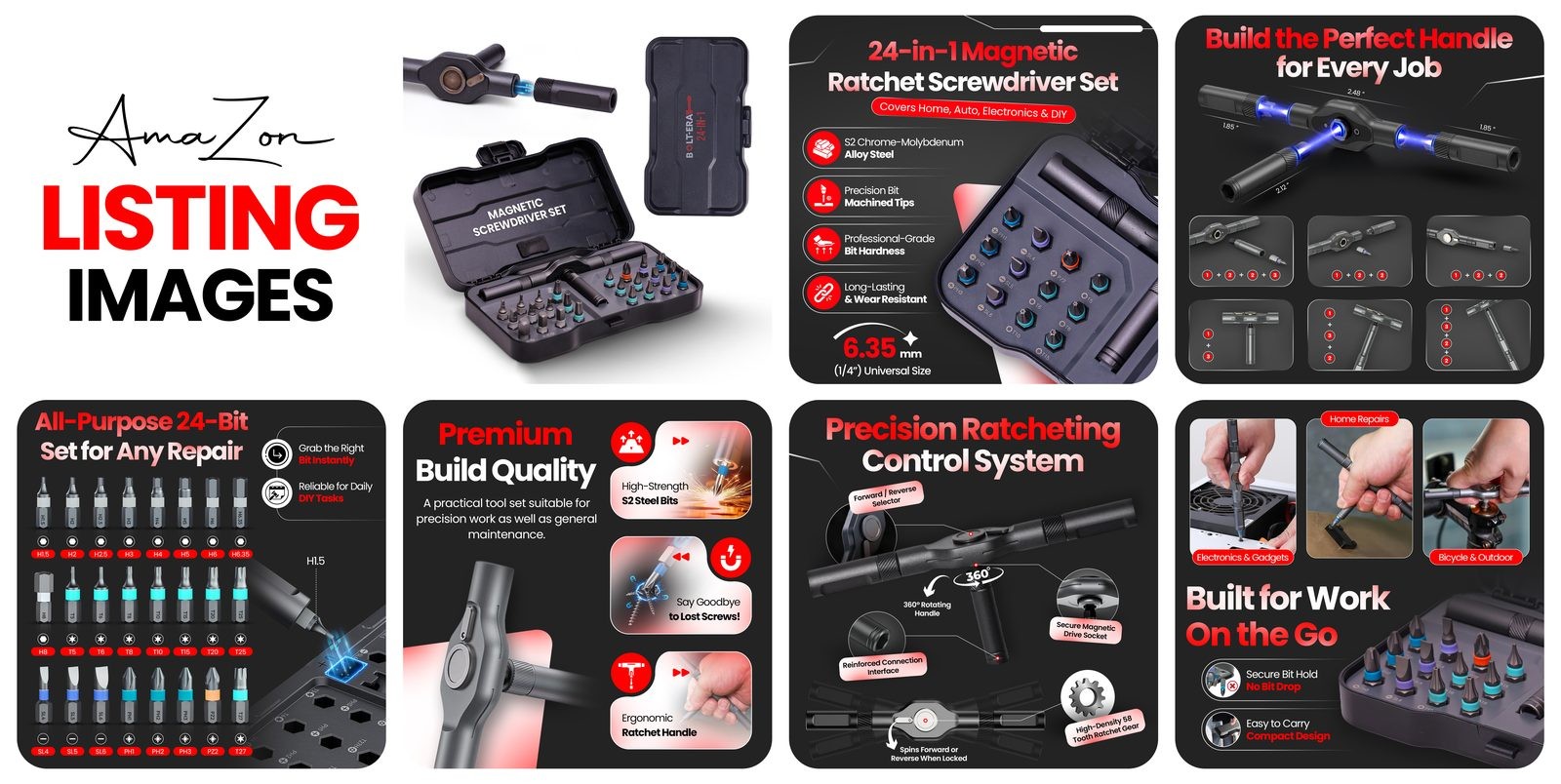 Excerpt of a Lystiq Creative Amazon listing image set showing infographic gallery panels designed to answer buyer objections