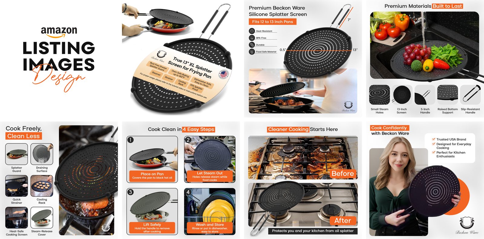 Amazon listing image design for a splatter screen kitchen product, designed by Lystiq Creative