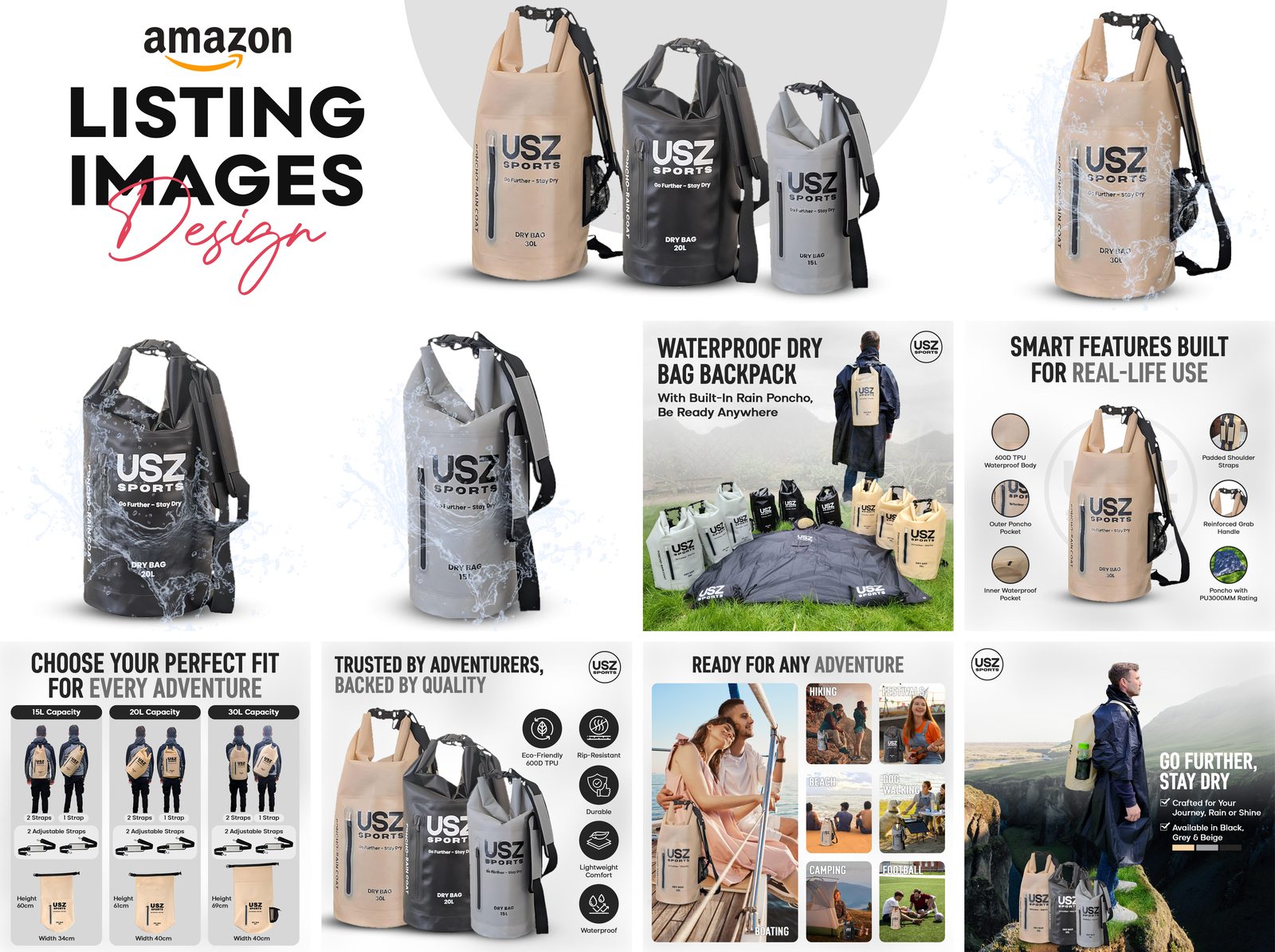 Lystiq Creative Amazon listing image set for a waterproof dry bag, outdoor lifestyle angle