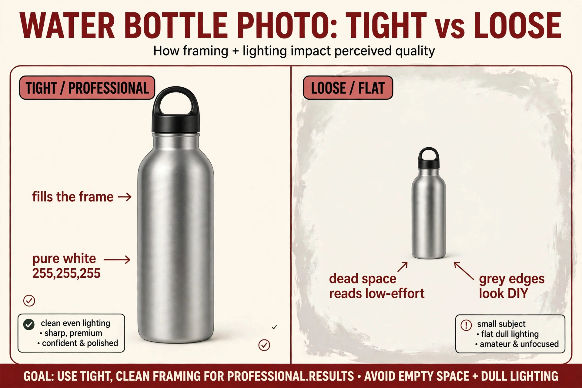 Illustrated side-by-side comparison of a tight professional white-background product shot versus a loose flat one