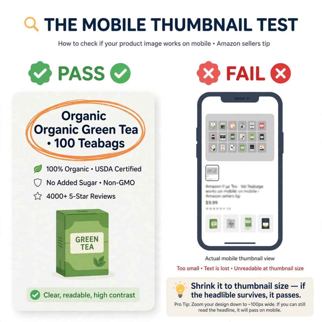 Demonstration of the mobile thumbnail test for Amazon infographics. Illustrative example, not client work.