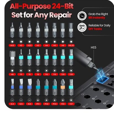 Cropped infographic panel for a ratchet screwdriver set showing the included bits inventory, designed by Lystiq Creative