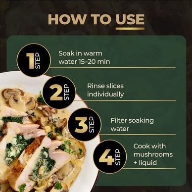 Cropped infographic panel for a dried porcini mushroom set showing pack quantity, designed by Lystiq Creative