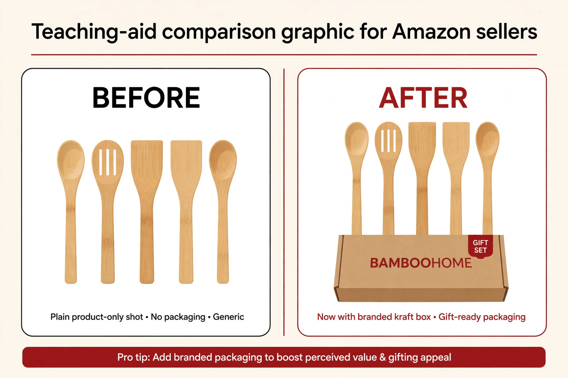 Before and after mock of an Amazon main image: plain product-only shot versus branded packaging with a gift-set badge