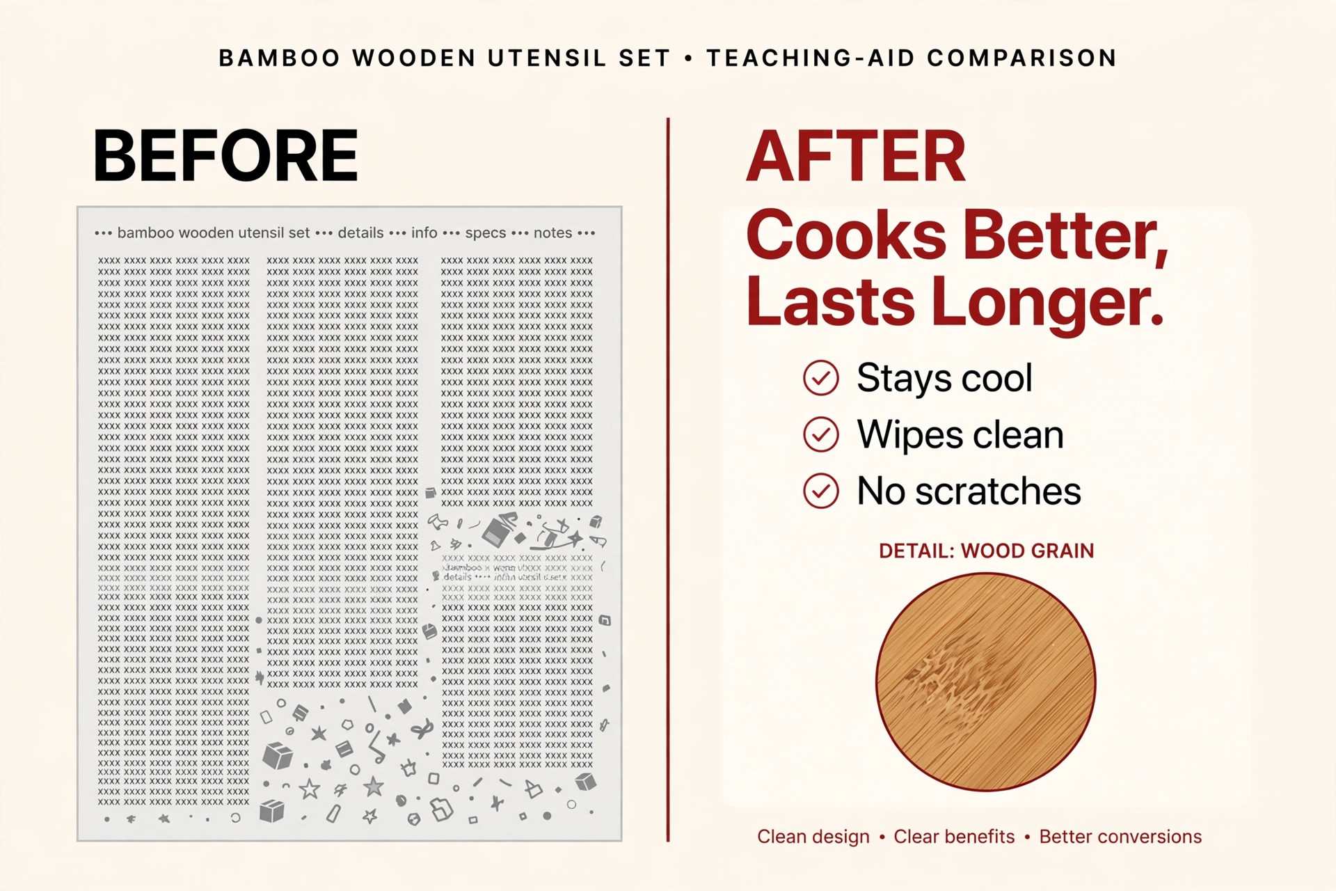 Before and after mock of an Amazon infographic panel: cluttered text wall versus clean benefit headline with three callouts