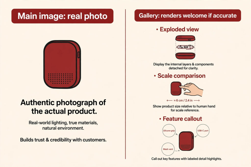 Illustrated diagram comparing a real product photo for the Amazon main image with 3D renders for gallery images